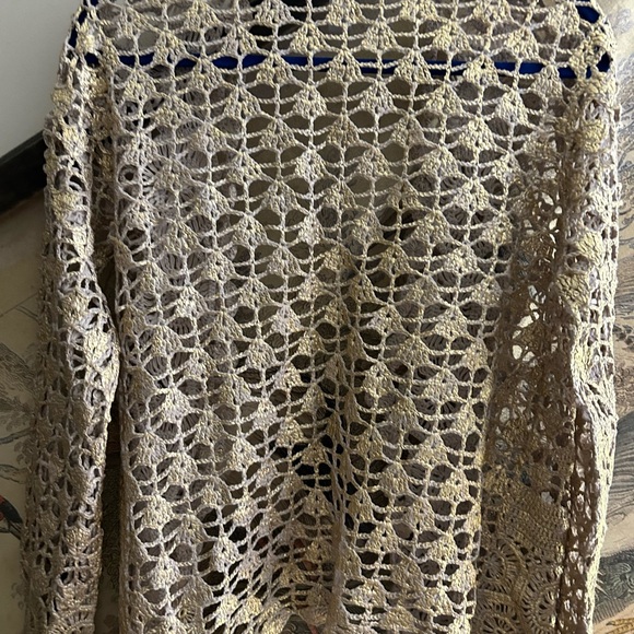 Open Crochet Cardigan Chico’s SZ 2 = Medium Gold Glazed Detail - Picture 6 of 9